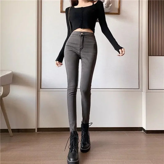 Slim Fit Pants for Women with Pockets High Waist Shot Trousers Skinny Gray Womens Jeans New in 2000s Y2k R Vintage Shiny on Sale