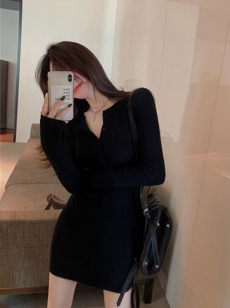 Gagarich Woman Korean High-end Waist Hot Girl Black Hip Dress Autumn Winter New Style Long Sleeved Knitted Short Vestidos - Seprincess