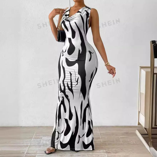 Sexy Bodycon Package?hip Party Women's Long Dresses Summer Print Sleeveless Pile Collar Slim Skinny Party Maxi Dress For Women - Seprincess