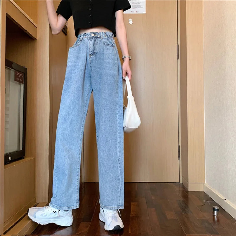 Spring Autumn High Street Network Red Denim Pants Female Y2k Korean Version High Waist Loose Leg Straight Leg Mopping Pants Tide