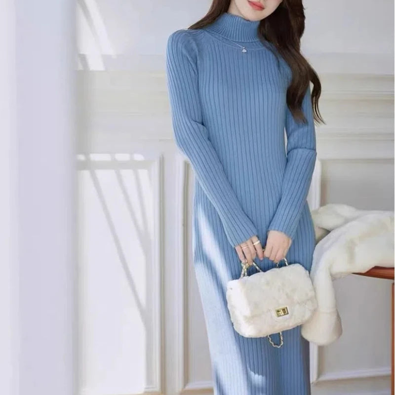 Autumn Winter New Fashion Turtleneck Long Sleeve Solid Women's Clothing Korean Knitting Slim Temperament Trend Sweet Chic Dresse - Seprincess