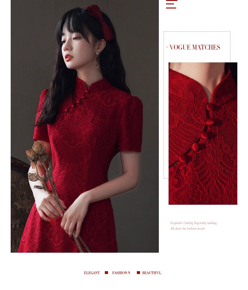 Chinese Style Red Lace Short Sleeve Cheongsam Slim Dress Elegant Traditional Evening Dresses Qipao - Seprincess