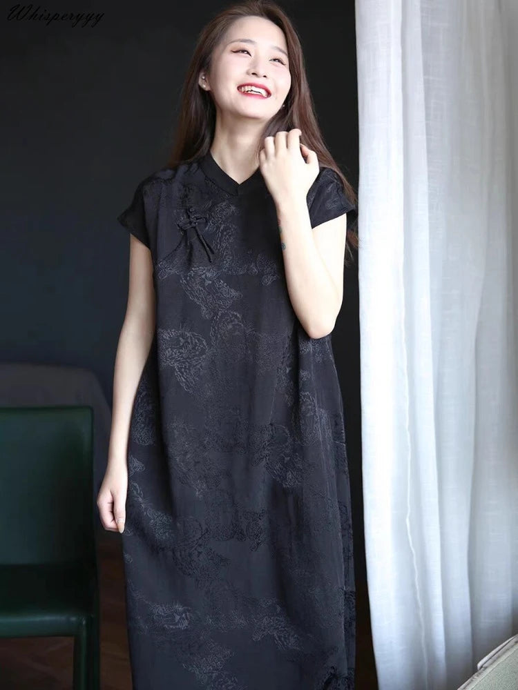 2024 Summer Original Design Cotton Linen Qipao Black Women's Literary Vintage Cheongsam Chinese National Style Dress Women - Seprincess