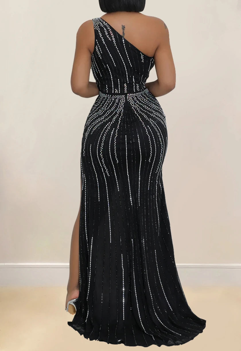 Women One Shoulder Dress Diamonds Rhinestones Elegant Party Dresses Woman Slit Sexy Evening Cocktail Prom Dresses Vestidos HX518 - Seprincess