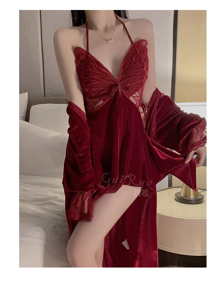 Sweet Velvet Irregular Dress Mature Charm Elegant Gentle Butterfly Chest Cup With Chest Pads Hanging Neck Dress Outer Robe CAY8