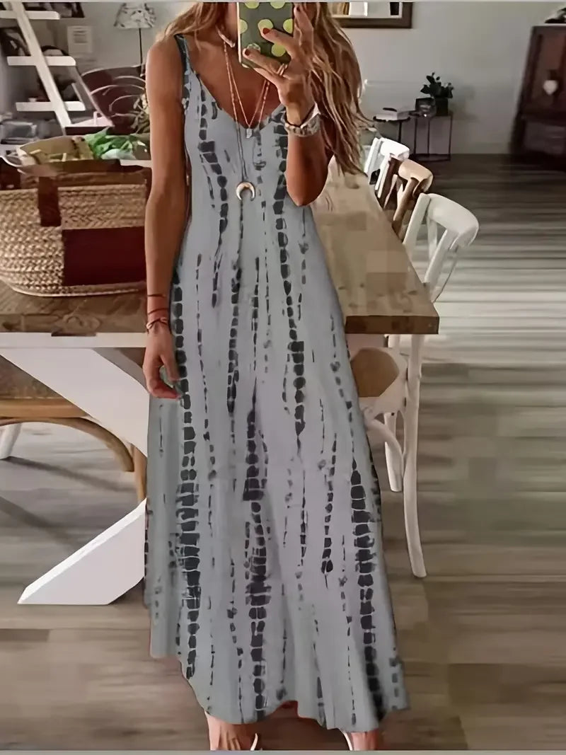 Women's Casual Loose V-neck Tie Dye Printed Spaghetti Maxi Dress Summer Beach Vacation Long Dress - Seprincess