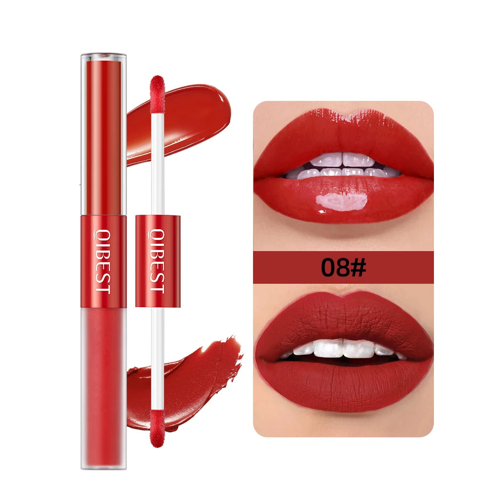 QIBEST 2023 New Double Head Matte Velvet Liquid Lipstick Waterproof Double End Mirror Lip Glaze Moisture Lip Makeup 2 In 1 Stick