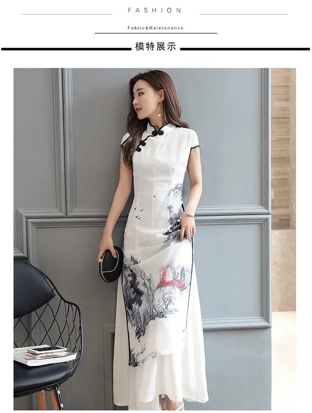 Women Chinese Traditional Hanfu Landscape Painting Cheongsam White Dance Dress Qipao Chiffon Robe Vintage Chinese Style Dresses - Seprincess