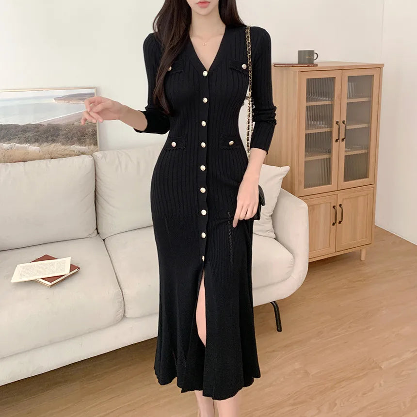 Summer Midi Dress Women Knitted Black Bodycon Korea Style Ruffle Ladies Dresses Elegant Fashion Casual Woman Dress 2024 - Seprincess