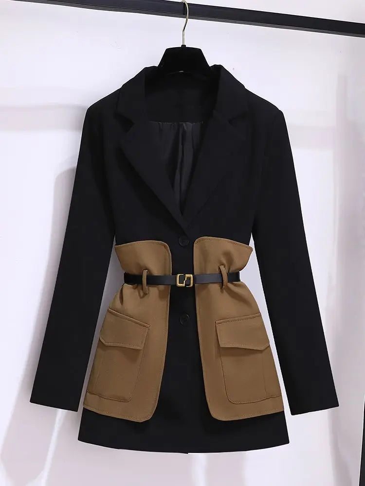 2023 Spring Belt Decorative Patchwork Jacket Blazer Casual Expansion Crying Two-piece Elegant Women Pants Suit Office Outfits - Seprincess