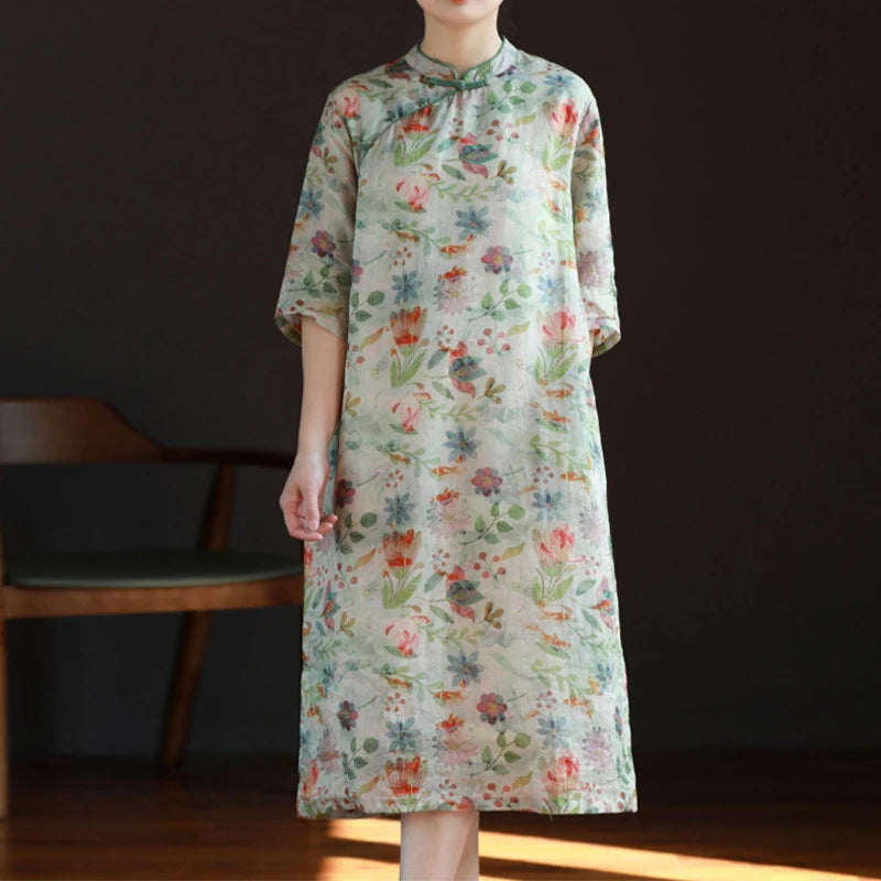 New Chinese Style Lady Cheongsam Qipao Summer Ethnic Elegant Floral Ramie Long Dress Standing Collar Retro Improved Qipao - Seprincess