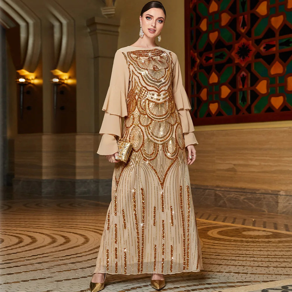 Eid Muslim Sequins Dress for Women Abaya Ramadan 3 Layers Butterfly Sleeve Long Abayas Woman Robe Moroccan Caftan Vestidos - Seprincess