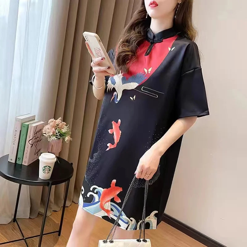 Chinese Fashion Print Dress Women Summer Long Sleeve National Style Cheongsam 2022 Modern Improve Vintage Elegant Loose Qipao - Seprincess