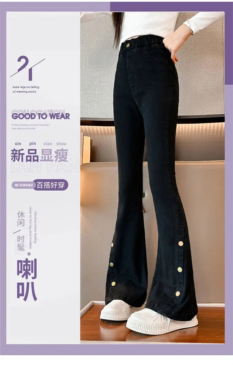 Fashion Jeans for Girls New Arrvial Kids Black Vintage Tight Denim Flare Pants Spring Autumn Teenage Children's Slim Trousers