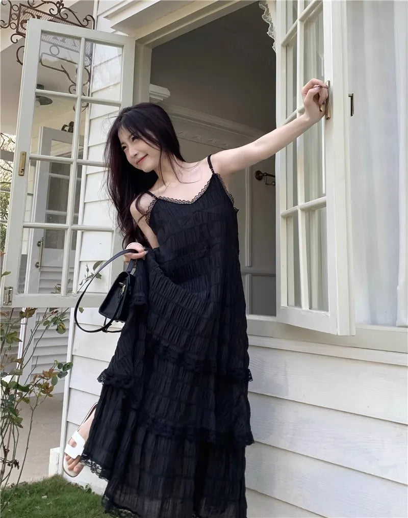 Summer Befree Long Vintage Casual Ruffles Elegant Maxi Strap Camis Silky Beach Lace Elegant Party Dress Vestidos Sexy Women - Seprincess