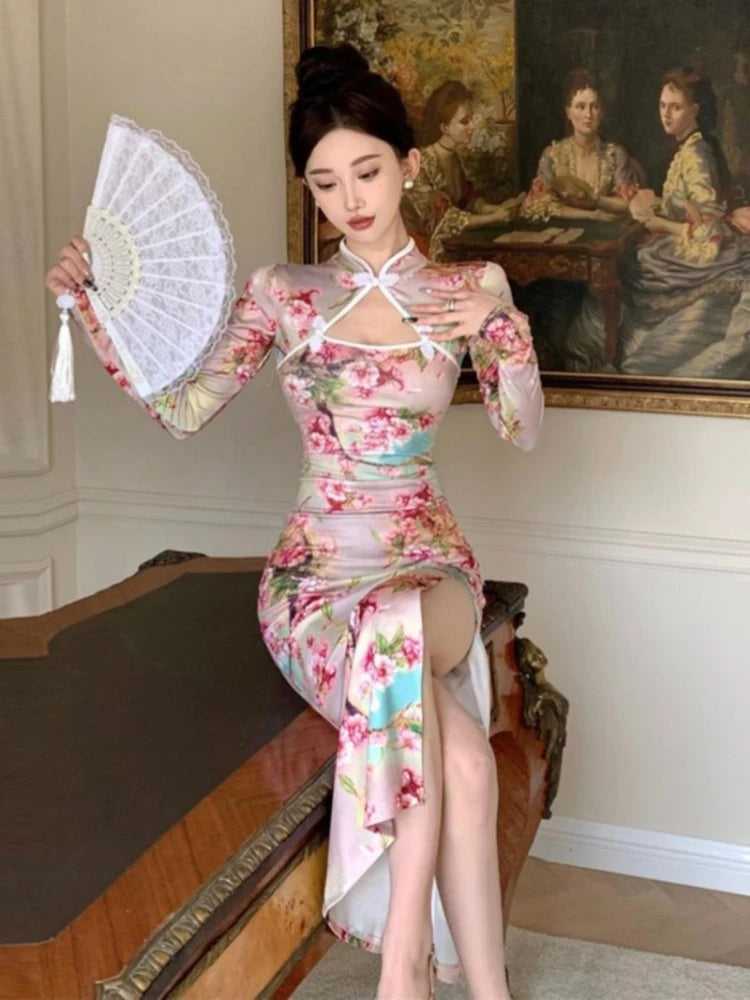 150kg 5XL Large Size Vintage Chinese Cheongsam Print High Split Bodycon Maxi Dress Plus Size Long Sleeve Qipao Long Vestidos - Seprincess