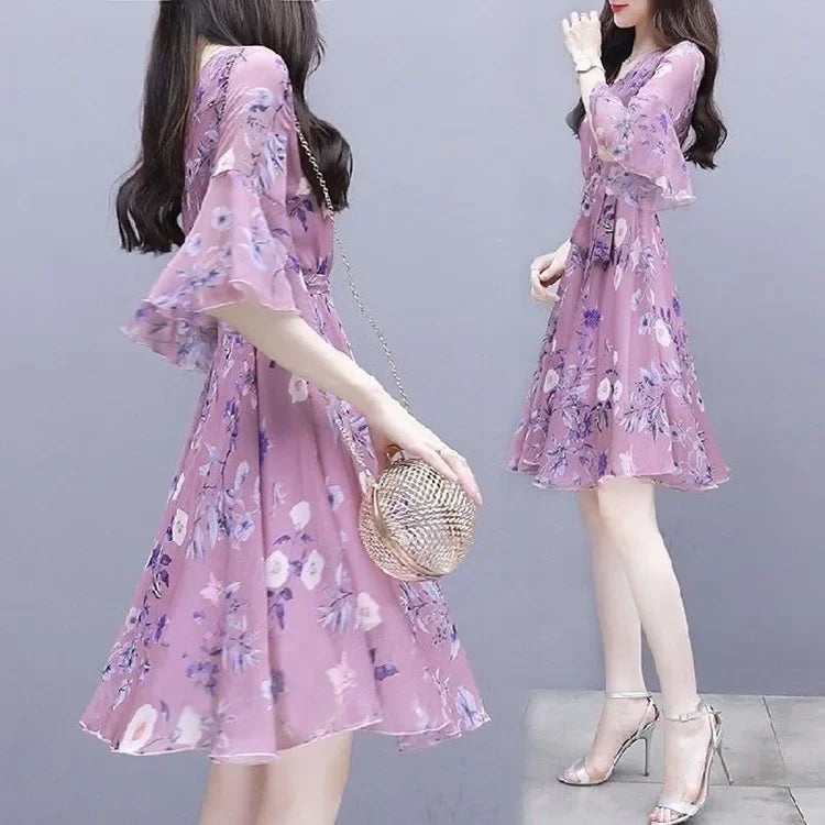 Elegant Summer New Korean-style Long Dress For Women Slimming Waist-fitted Medium-length Skirt Nylon Material Printed Dress - Seprincess