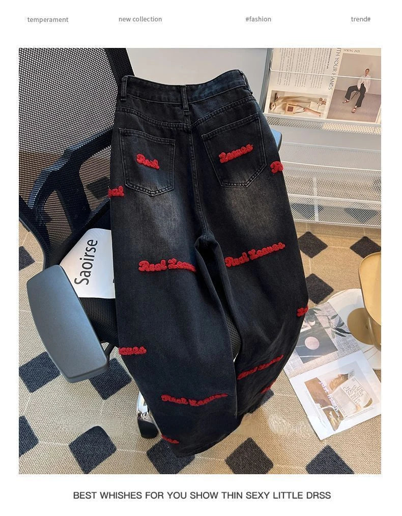 Black and Red Letter Embroidered Jeans Female Y2K Spring and Autumn New High Waist Loose Couple Casual Slim Wide Leg Mop Pants