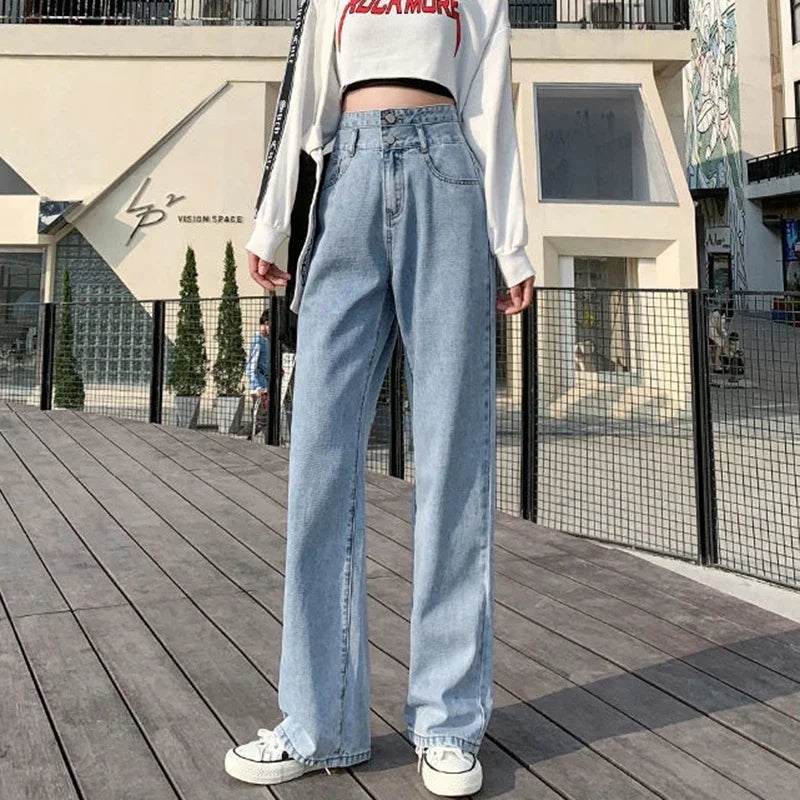 Woman High Waist Wide Leg Jeans Girls Fashion loose Straight Leg Pants Female Streetwear Light Blue Retro Blue Denim Trousers