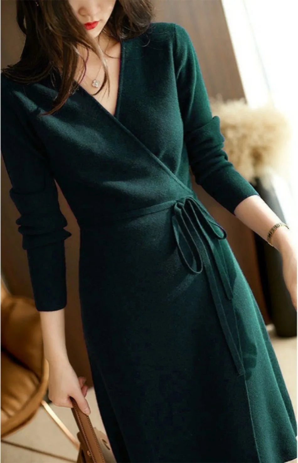 Womens Dresses V-neck Wrap Up Dress for Women Autumn Winter 2023 New Woman Clothing Korean Version Loose Elegant Knitted Skirt - Seprincess