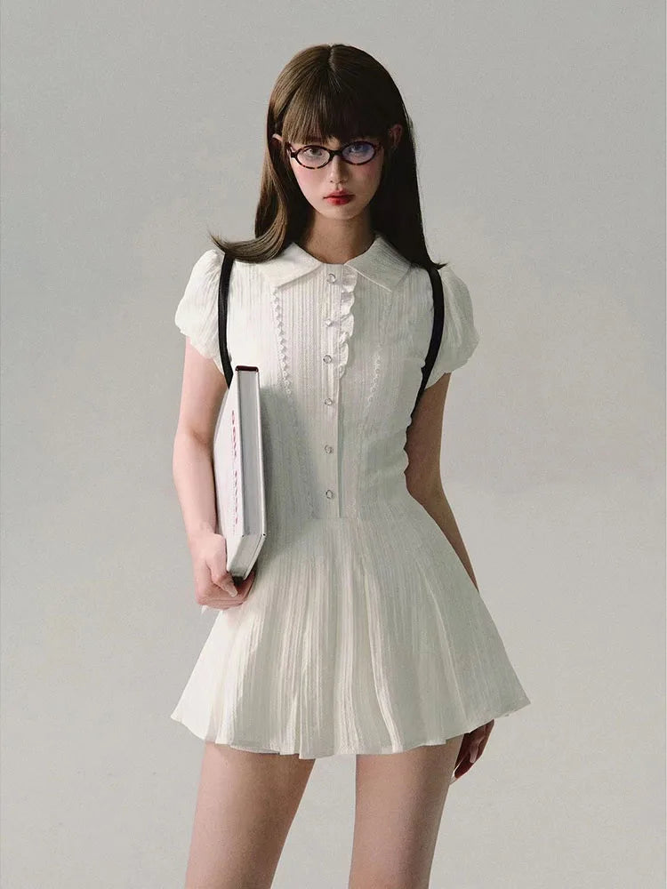 Preppy Style White Sweet Slim Mini Dress French Elegance Puff Sleeve Polo Collar Short Dresses Y2k Casual Summer Dress Girls - Seprincess