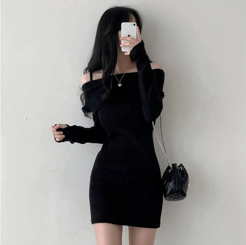 Y2K Women Knitted Mini Dress Korean Sexy Off Shoulder Female Dress Spring New Spaghetti Strap Long Sleeve Ladies Vestidos - Seprincess