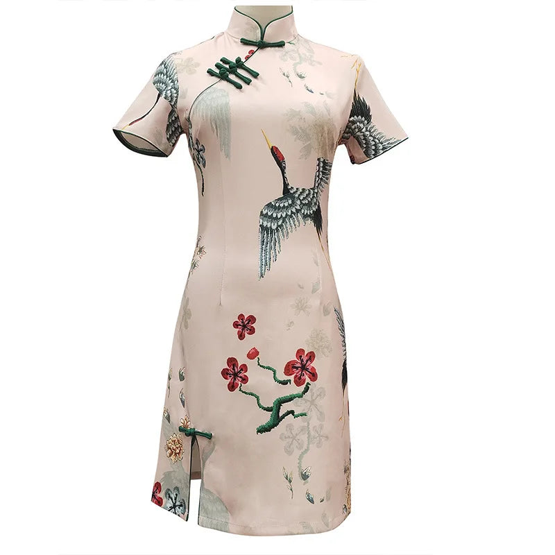 Traditional Chinese Dress Vintage Cheongsam Sexy Short Qipao Print Flower Women Rayon Dresses Classical Vintage Button Vestidos - Seprincess