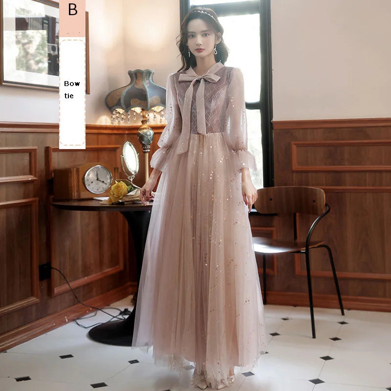 2022 New 4 Styles Bridesmaid Dress Bow Retro Elegant Long-sleeved Chic Temperament Long Evening Dress For Wedding Women Guest - Seprincess