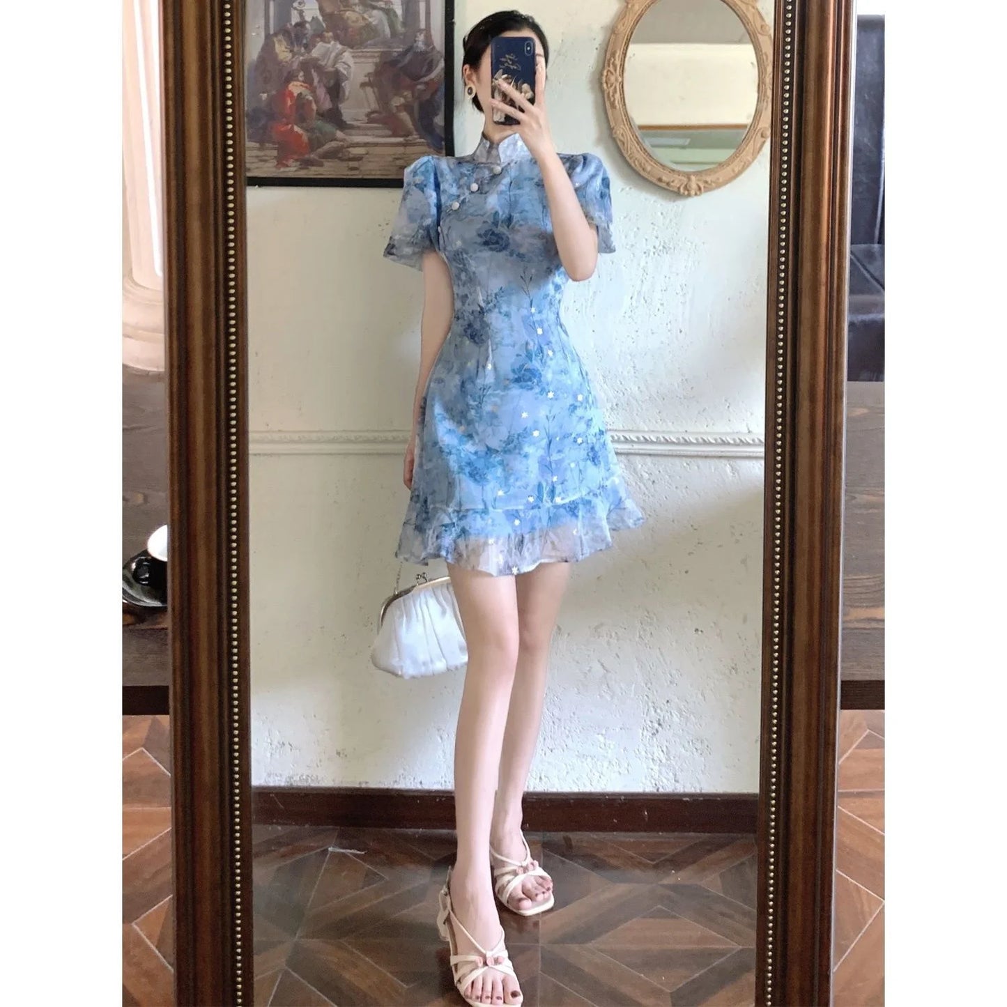 Summer French Short Sleeve Modern Chinese Dress Improvement Cheongsam Girl's Blue Print Fashion Dresses Qipao - Seprincess