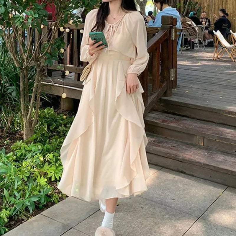 2024 Summer New Women's Ruffle Edge Tank Dress Long Sleeve Sun Protection Cardigan 2-piece Set Soft Fairy-like Design - Seprincess