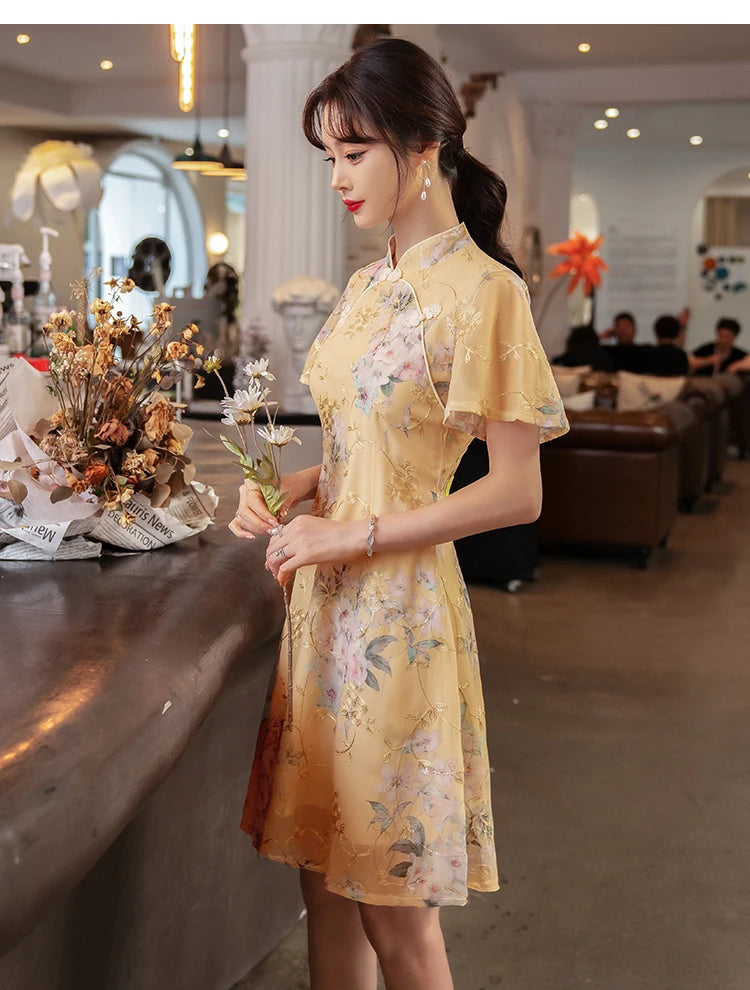 Summer Improved Young Style National Style Embroidered Floral Short Sleeve Women's Qipao Dress Chinese Traditional Cheongsam - Seprincess