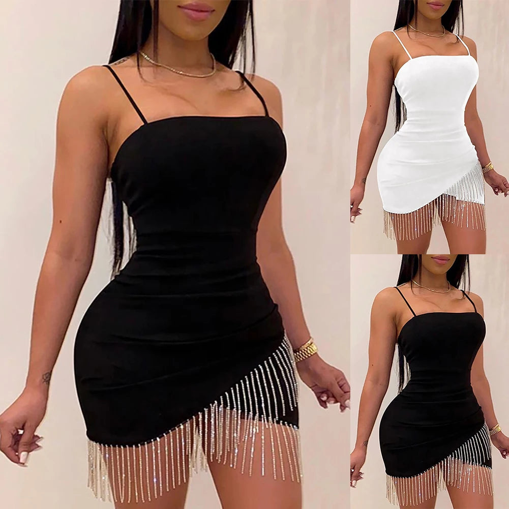 Birthday Woman Party Night Tassel Split Dress Short Sexy Dresses Summer Elegant Sleeveless Bodycon Solid Color White/Black - Seprincess