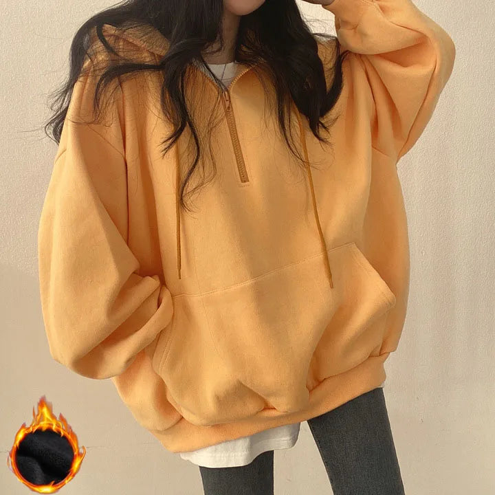 Women Hoodie Harajuku Loose Oversized Solid Color Top Half Zip Up Sweatshirt Female Casual Long Sleeve Pocket Hooded Coats 2024 - Seprincess