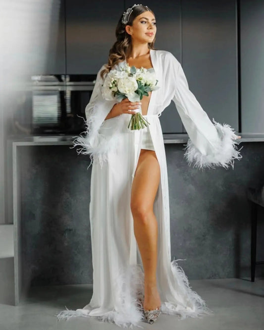 Fur Robe For Women Wedding Morning Robe Side High Split Sexy Pajamas Bride Silk Robe Long Feather Sleeve Female Elegant Dress - Seprincess