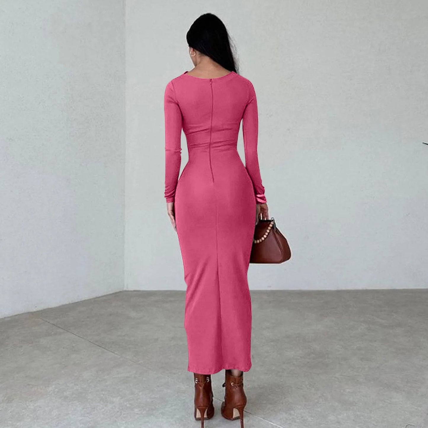 Women Bodycon Maxi Dresses Fall New Long Sleeve Sexy Ruched Neck Slim Fit Cocktail Party Dress Elegant Gentle Temperament Dress - Seprincess