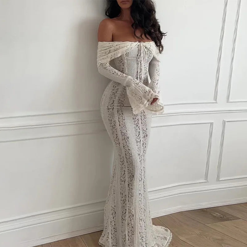 Women Elegant Solid Lace Hollow Slim Fishtail Dress Sexy Off Shoulder Backless Flare Sleeves Long Dresses Chic Lady Party Gowns - Seprincess