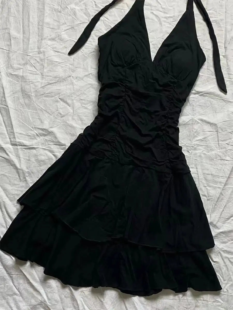 Punk Sexy Dresses Women Clothes Summer Vintage 90s Korea Dress Sweet Girl High Waist Slim Gothic Harajuku Y2k Short Halter Dress - Seprincess