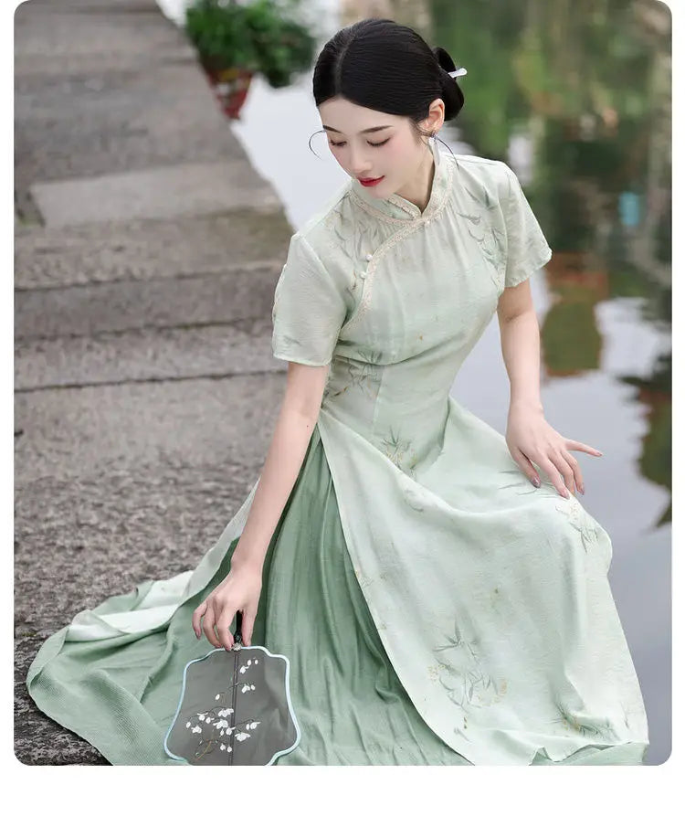 Retro Chinese Style Short Sleeve Qipao Two-piece Set Women New Chinese Style Green Improved Cheongsam Summer Long Dresses - Seprincess