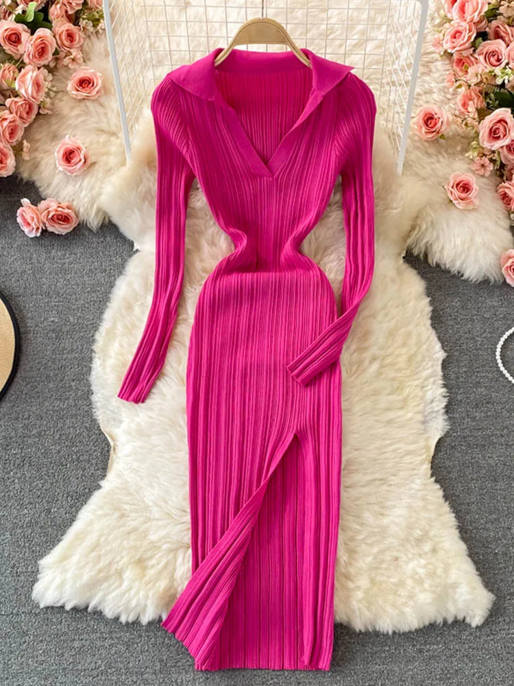 Women Korean Knitted Dress Long Sleeve V Neck Elastic Slim Pencil Dresses 2024 Autumn Sexy Bodycon Split Sweater Dress - Seprincess