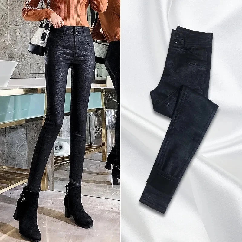 Add Velvet/No Velvet Black Faux PU Leather Pants Women's High Waist Stretch Leggings Autumn Winter Casual Skinny Pencil Trousers