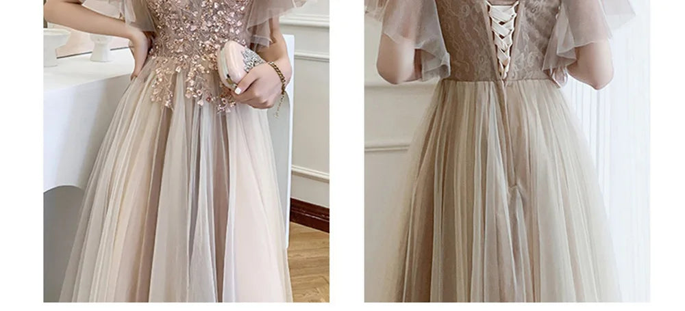 4 styles Champagne Pink Bridesmaid Dress Women's Elegant Off Shoulder Ruffles Sleeves Gown Sequins Flower Applique Vestido