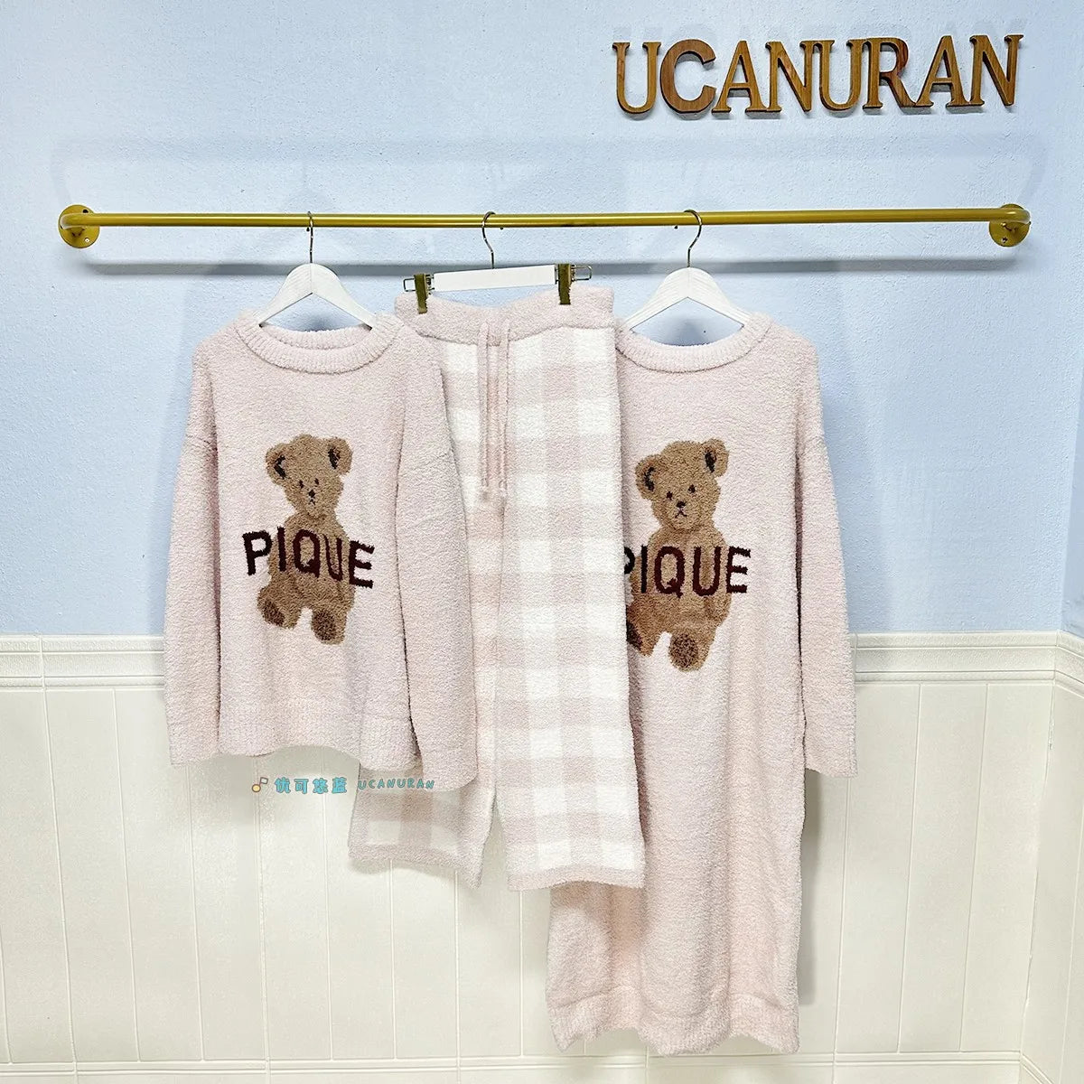 Japan Style Original New Year Teddy Bear Plaid Winter Thick Pajamas Knitted Sweaters Gown Wine Sleepwear Loungewear - Seprincess