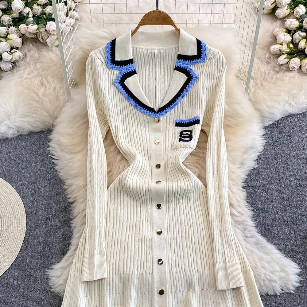 YuooMuoo 2024 Autumn Winter Elegant Knitted Sweater Dress Women Brand Fashion Embroidery Pocket Long Sleeve Shirt Dress Vestidos - Seprincess