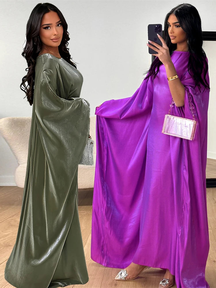 Batwing Butterfly Sleeve Satin Khimar Abaya Dubai Muslim Maxi Dress Kaftan Abayas For Women Kebaya Caftan Robe Femme Vestidos - Seprincess