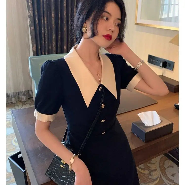 Short Sleeve Dresses Women Fashion Casual Harajuku Design French Vintage BF Hepburn Tender Slim Button Breathable All-match Fit - Seprincess