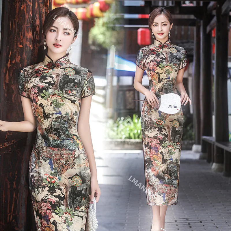 Summer Long Cheongsam Vintage Qipao Silk Fashion Daily Women Dress Slim Party Costume Dresses - Seprincess