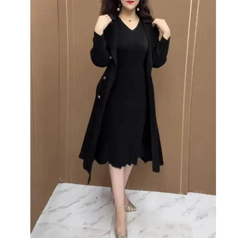 Spring Autumn Fashion Slim Pleated Suit Collar Fake Two Piece Windbreaker Coat Comfortable Waist Shrinking Elastic Dress Belt - Seprincess