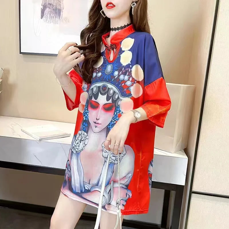 Chinese Fashion Print Dress Women Summer Long Sleeve National Style Cheongsam 2022 Modern Improve Vintage Elegant Loose Qipao - Seprincess