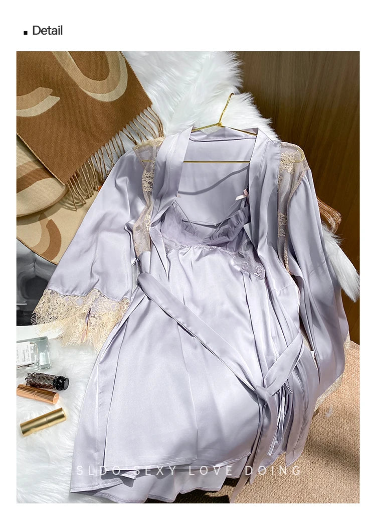 Side Split Designer Lady Nighty Sexy Senior Luxury Sleepwear Satin Silk Date Nightwear Wedding Bridal Honeymoon Romantic Dress - Seprincess