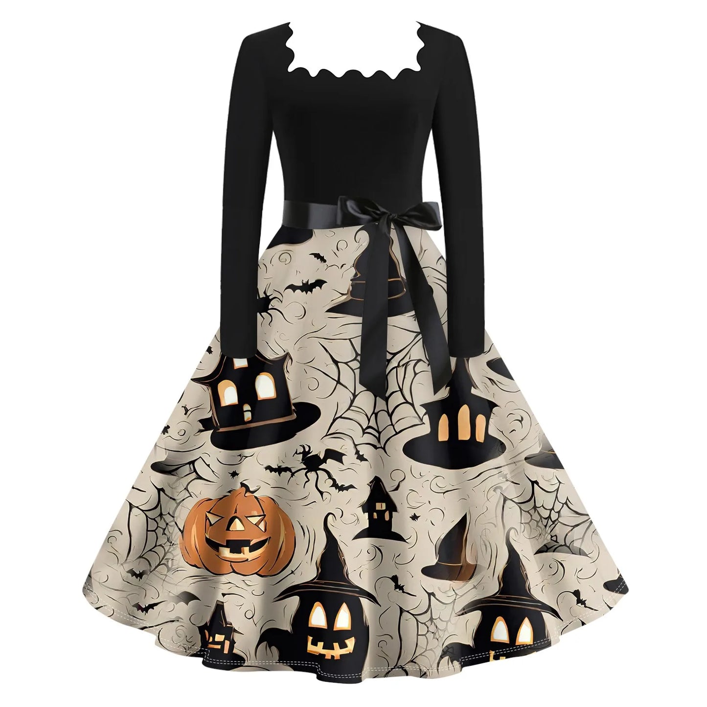 Women's Casual Fashion Halloween Print Vintage Long Sleeve Dress Women Dress 2024 Trend Womens Summer Dresse Casual Womens Dress - Seprincess